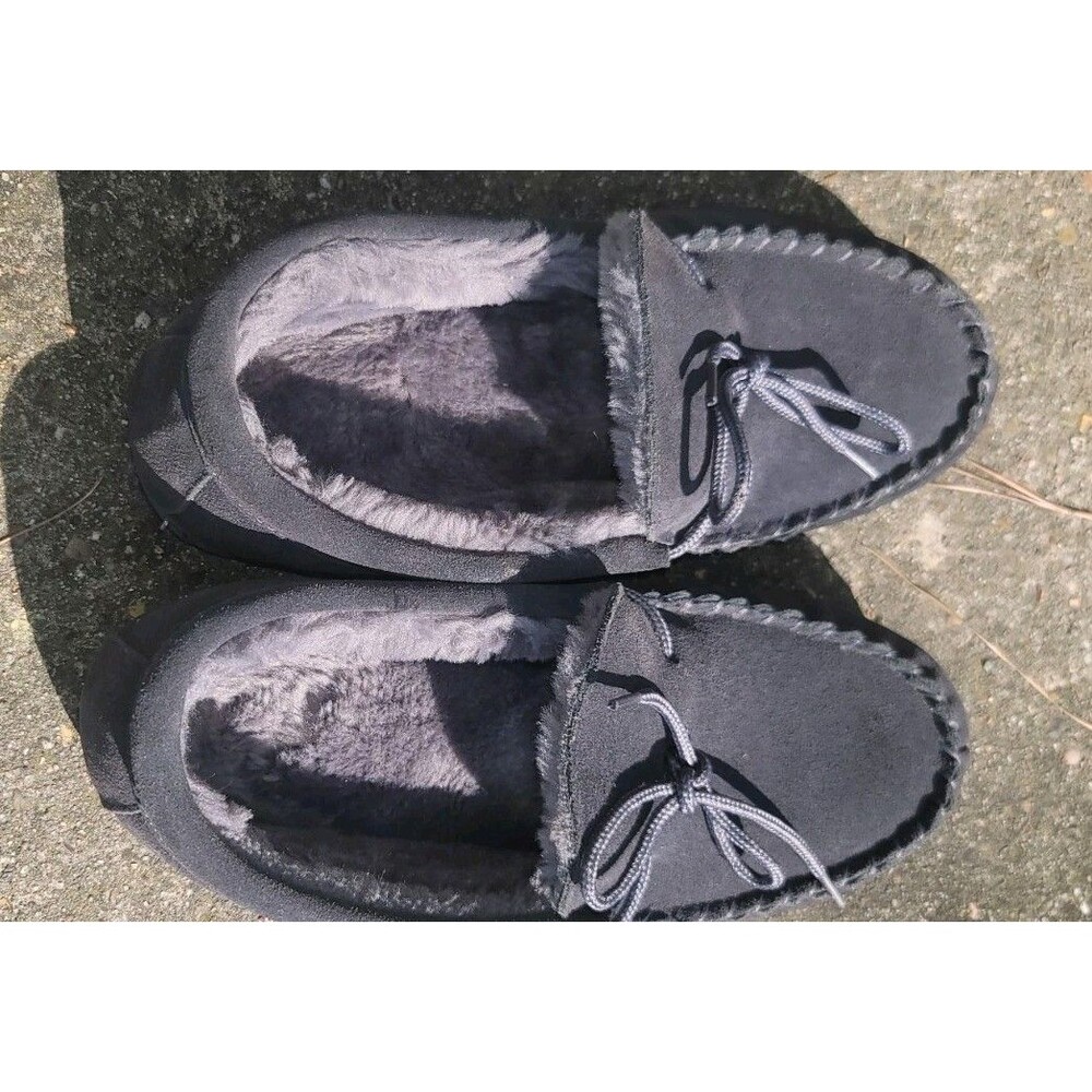 Mens Moccasin Slippers Fur Lined by LAM Grey Suede Rubber Sole Size 11/12 Excell
